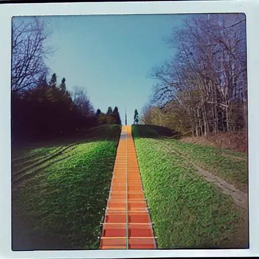 Prompt: a colour Polaroid photo of an illuminated escalator with iridescent Perspex panels in a field, nostalgic