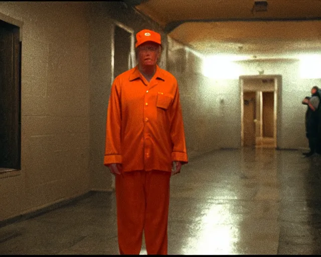 Prompt: establishing shot, film still of donald trump wearing orange prison pajamas locked up in an asylum, cinematic masterpiece, octane, dramatic lighting, very detailed