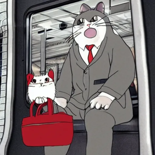 Image similar to “ angry cat wearing a suit riding the subway in new york city, studio ghibli, spirited away, princess mononoke, anime style, by hayao miyazaki ”