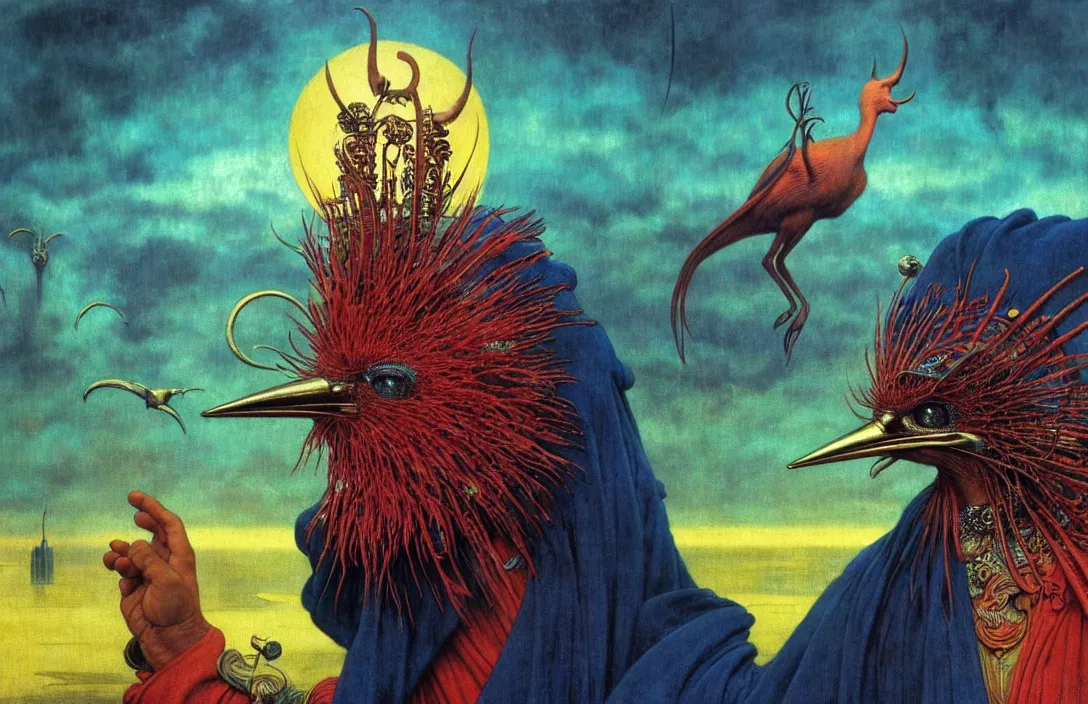 Image similar to realistic detailed portrait movie shot of a birdman wearing a dark robes, sci fi city landscape background by denis villeneuve, amano, yves tanguy, alphonse mucha, ernst haeckel, max ernst, roger dean, masterpiece, rich moody colours, dog teeth, blue eyes, sunset