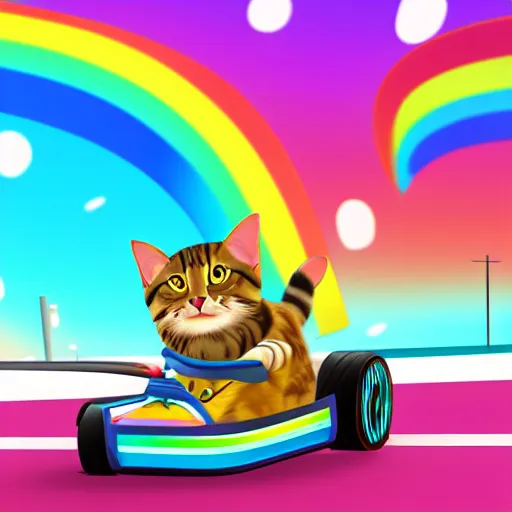 Image similar to digital illustration of a cat with wind blowing through his jacket, driving a kart through rainbow road, 4K