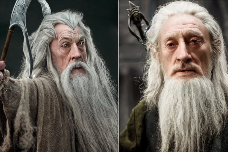 Image similar to gandalf played by charles dance, standing outside orthanc in the style of h. r. giger