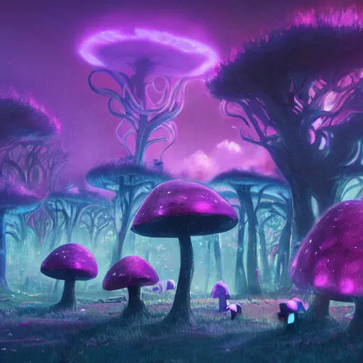 Image similar to concept art painting of a fantasy alien fungal landscape at night, magenta trees, glowing blue mushrooms, houses made of mushrooms, dark purple sky, realistic, detailed, cel shaded, in the style of makoto shinkai and greg rutkowski and albert bierstadt and james gurney