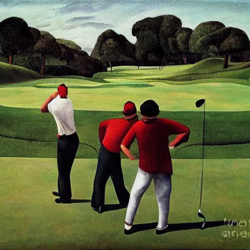 Image similar to Three golfers on a beautiful golf course driving range, by Diego Rivera