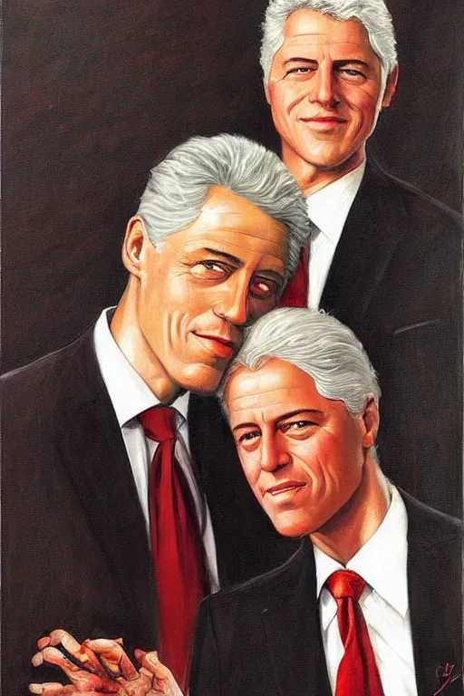 Image similar to jeffrey epstein and bill clinton, painting by jc leyendecker!! phil hale!, angular, brush strokes, painterly, vintage, crisp