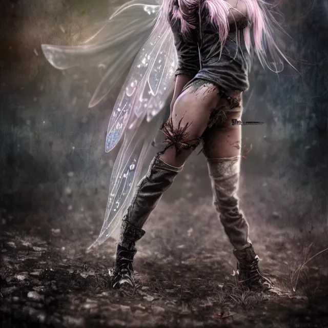 Image similar to full body pose, beautiful adult magical fairy, dirty, grungy, grunge, highly detailed, 4 k, hdr, smooth, sharp focus, high resolution, award - winning photo, artgerm, photorealistic