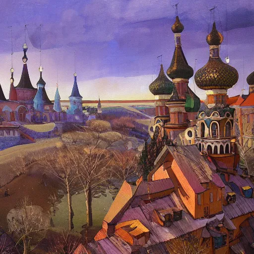 Prompt: photo beautiful magical ancient Slavic Russian city of Kitezh, fisheye lens, painting by Viktor Vasnetsov, concept art, magical city, fantasy cityscape, ancient Slavs, wooden buildings, ancient Russian architecture, terem, hyperborea, top cinematic lighting , cinematic mood, very detailed, 8k, painting by Nicholas Roerich, high resolution, trending on artstation, artstationHD,