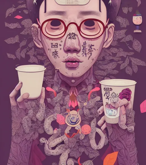 Image similar to portrait, nightmare anomalies, leaves with milktea by miyazaki, violet and pink and white palette, illustration, kenneth blom, mental alchemy, james jean, pablo amaringo, naudline pierre, contemporary art, hyper detailed