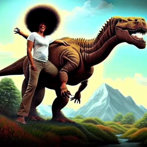 Prompt: bob ross!!! riding! a dinosaur!!, giant afro!, model pose, ultra realistic, concept art, intricate details, highly detailed, photorealistic, octane render, 8 k, unreal engine. art by artgerm and greg rutkowski and alphonse mucha