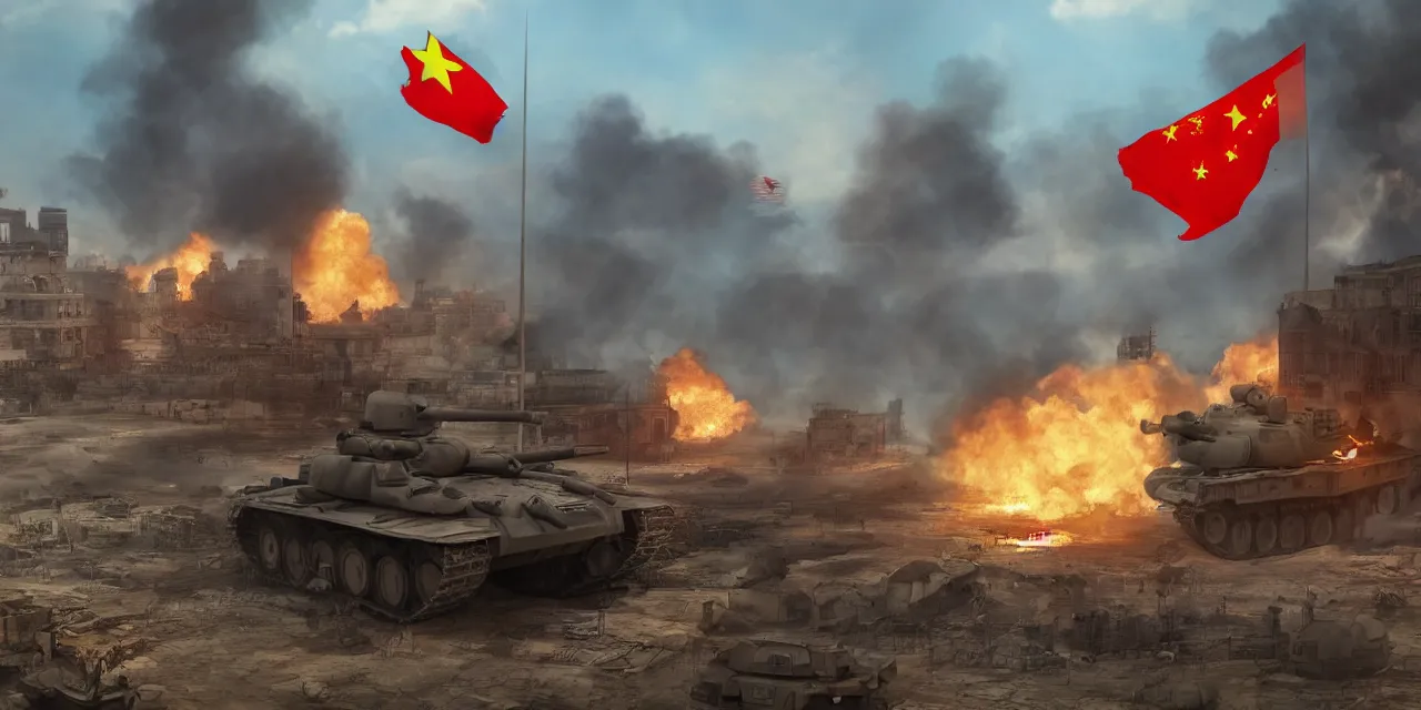 Image similar to tanks burning city, army, china, winnie the pooh, communist flag, volumetric lighting, unreal engine, realistic