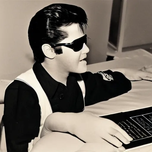 Image similar to Elvis Presley playing minecraft on his laptop, 30mm lens,