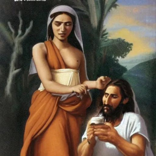 Prompt: Frieda Khalo and Jesus smoking a joint