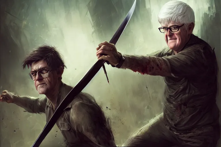 Prompt: portrait of phil donahue with a broadsword, fighting a zombie horde, charlie bowater, artgerm, ilya kuvshinov, krenz cushart, ruan jia, realism, ultra detailed, 8 k resolution