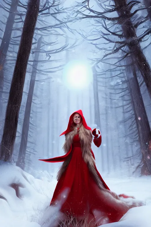 Prompt: a detailed RPG portrait of Margot Robbie as the red riding hood, holding a glowing orb in her hands, in a barren winter forest by charlie bowater and escume, fog, octane render, artstation, 50mm lens