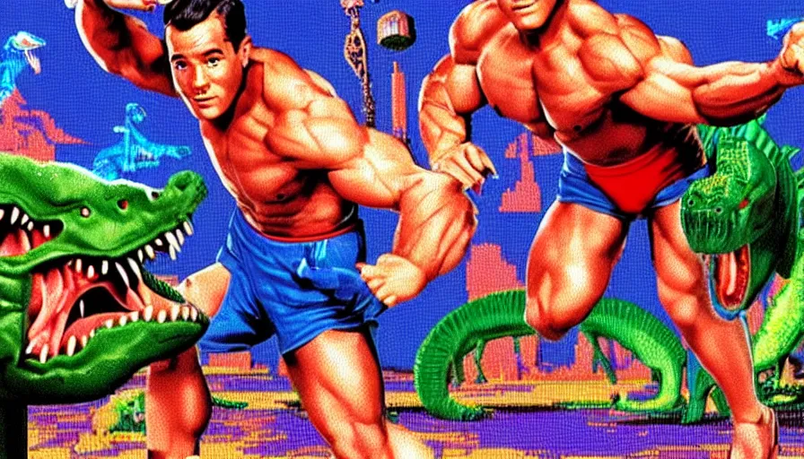 Image similar to beautiful still from retro snes arcade game featuring muscular gene kelly on steroids demanding a refund on undercooked overpriced dinosaur steak in downtown dive bar bistro, hyperreal detailed facial features and uv lighting, retro nintendo bitmap pixel art