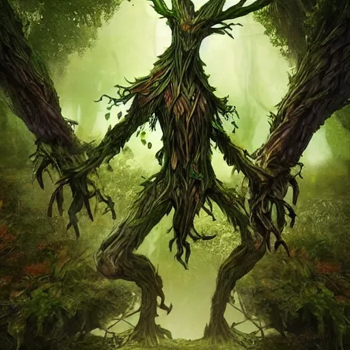 Image similar to giant green old treant creature, elven treant made of leaves and roots, old elven treant, old humanoid ents, old humanoid treant, epic fantasy style, green theme, forest background, hearthstone artwork