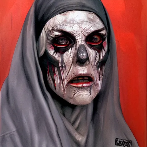 Image similar to detailed details photorealistic undead nun in silent hill in the style of bob peak and alex ross, gouache and wash paints color, detailed details facial and body and human and environments and proportionate, detailed 5 k details.