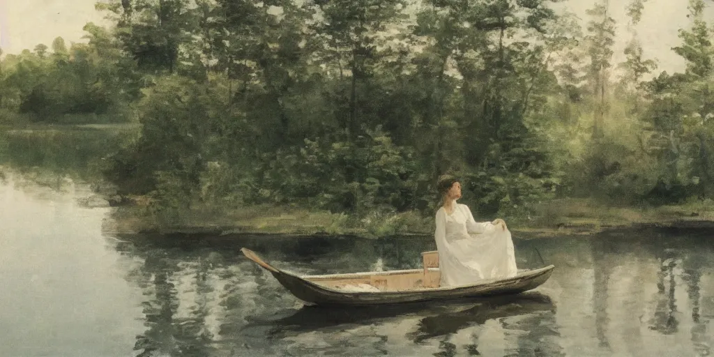 Image similar to a woman wearing a white dress in a row boat on a calm lake with a forest in the background, in the style of anders zorn