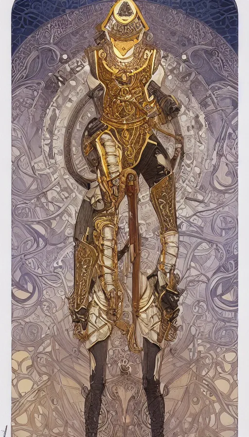 Prompt: soldiers in silver armor, highly detailed, very intricate, art nouveau, gold filigree, left right symmetry, tarot concept art watercolor illustration by mandy jurgens and alphonse mucha and alena aenami, featured on artstation