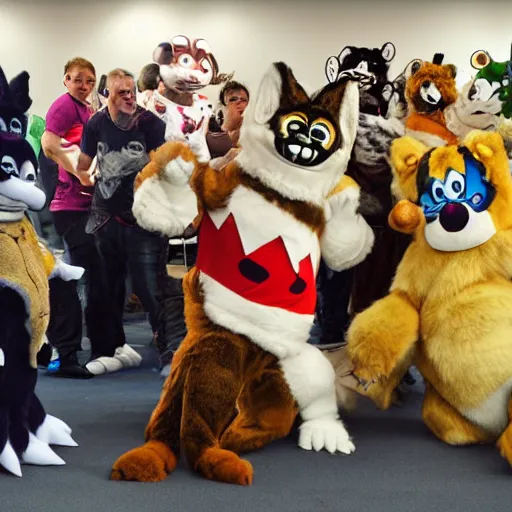 Image similar to A photograph taken at a furry convention of fursuiters having fun