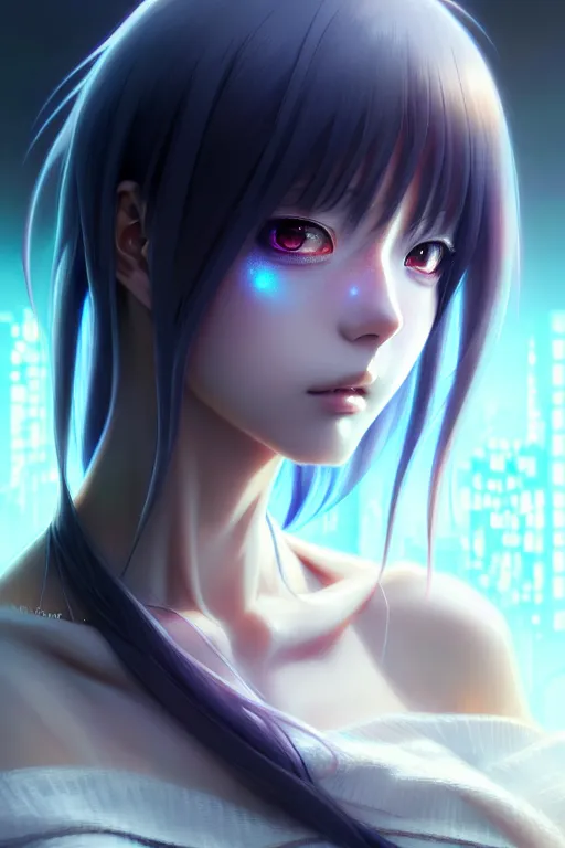 Image similar to ”ultra realistic, beautiful anime woman, modern, cyberpunk, intricate, elegant, super highly detailed, professional digital painting, artstation, concept art, smooth, sharp focus, no blur, no dof, extreme illustration, 8k resolution, beautiful, cinematic, art by artgerm and greg rutkowski and eiichiro oda”