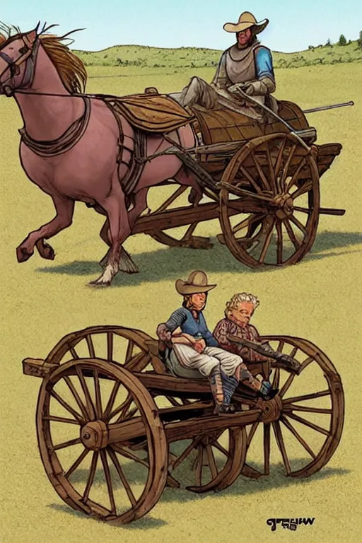 Prompt: a ( ( ( ( ( ( ( ( knight ) ) ) ) ) ) ) ) riding a wagon!!!!!!!!!!!!!! by greg darrow and greg rutowski, muted colors, detailed