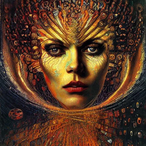 Image similar to Visions of Hell by Karol Bak, Jean Deville, Gustav Klimt, and Vincent Van Gogh, nightmare portrait, infernal, visionary, otherworldly, fractal structures, ornate gilded medieval icon, third eye, hellfire, spirals