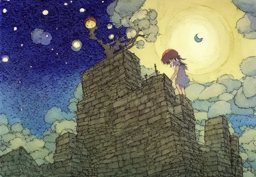 Image similar to a simple watercolor studio ghibli movie still fantasy concept art of a giant grey cube floating in the air. it is a misty starry night. by rebecca guay, michael kaluta, charles vess