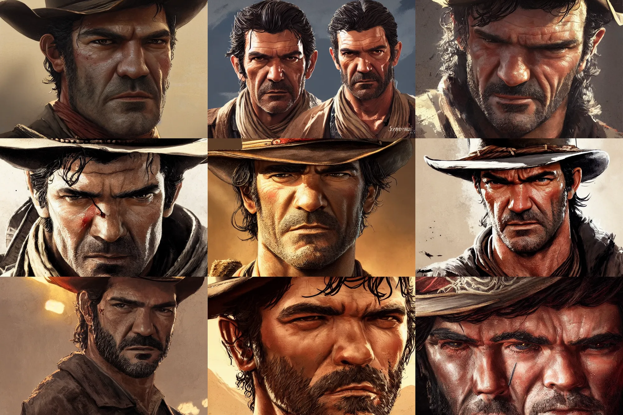 Prompt: close face portrait of a handsome antonio banderas as red dead redemption 2 concept art, art by ryo shiotani and greg rutkowski, intricate, beautiful, cute, cinematic lighting, vintage art by serge ivanoff, high resolution, very detailed