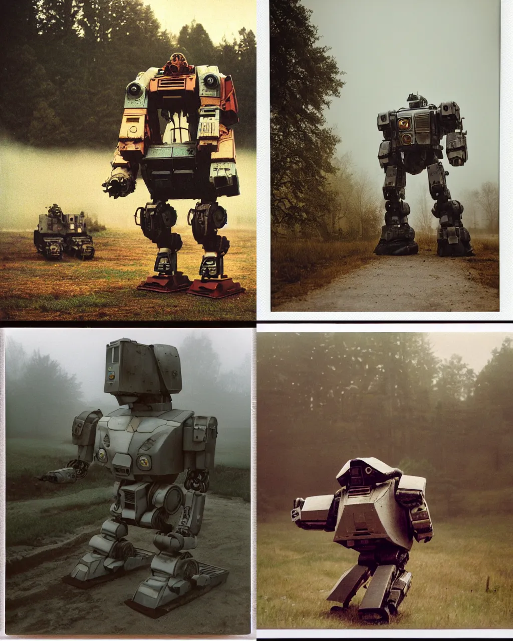 Image similar to giant oversized robot mech baby on a village, Cinematic focus, Polaroid photo, vintage, neutral colors, soft lights, foggy, by Steve Hanks, by Serov Valentin, by lisa yuskavage, by Andrei Tarkovsky