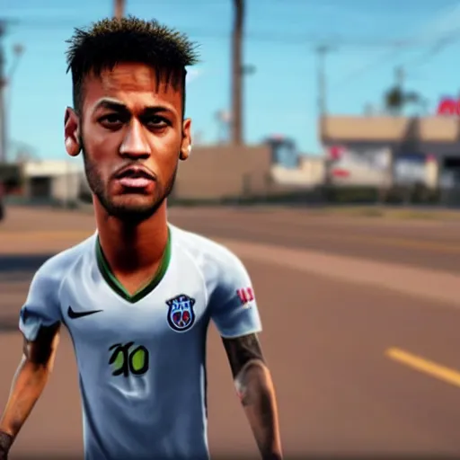 Image similar to a screenshot of neymar in gta. 3 d rendering. unreal engine. amazing likeness. very detailed. cartoon caricature