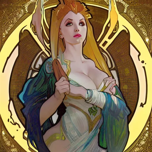 Image similar to portrait of lux from league of legends, art by alphonse mucha and greg ruthkowski