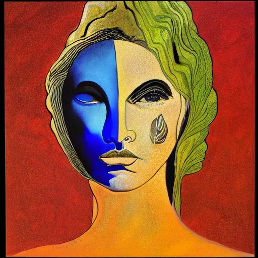 Image similar to Art in the style of Bob Peak, Gaia, Mother Earth, side portrait, mask inside mask