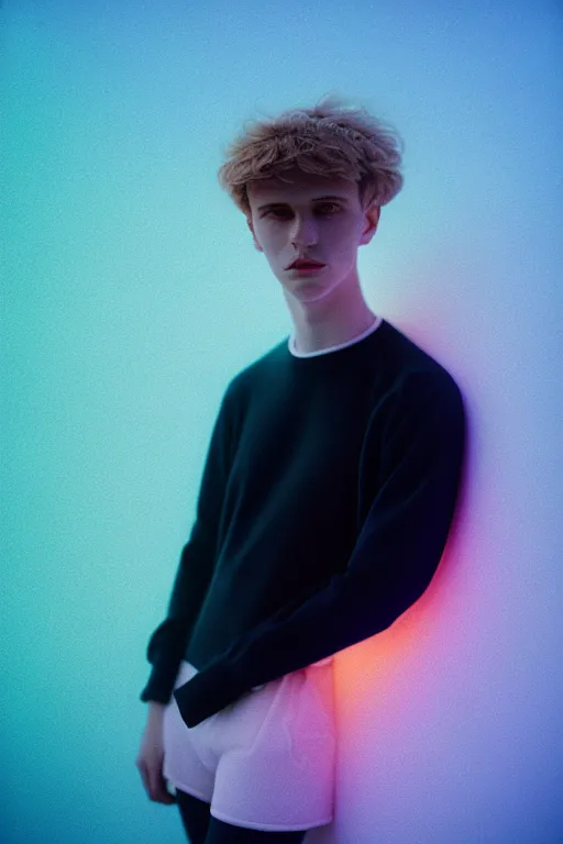 Image similar to high quality pastel coloured film mid angle portrait photograph of a beautiful young 2 0 year old male, soft features, short hair, perspex space visor and oversized inflated clothing!!!! icelandic black! rock pool environment. atmospheric three point light. photographic. art directed. ( pastel colours ). volumetric. clearcoat. waves. 8 k. filmic.