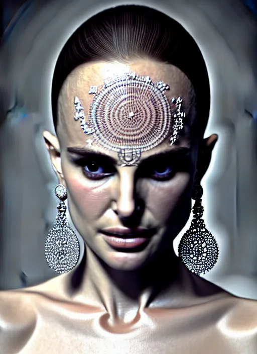 Prompt: portrait photograph of an absurdly beautiful, graceful, sophisticated, fashionable woman, natalie portman, facial tattoos, in the style of irakli nadar and alexandre ferra and popovy sisters, intricate linework, white porcelain skin, faberge, intricate chrome chains, dark atmosphere, unreal engine 5 highly rendered, global illumination, radiant light, detailed and intricate environment