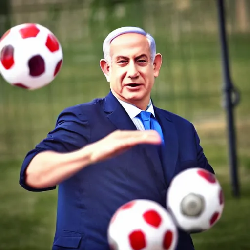 Image similar to Benjamin Netanyahu juggling a football in a public park, dynamic lighting, ambient lighting, morning time, HQ, official media