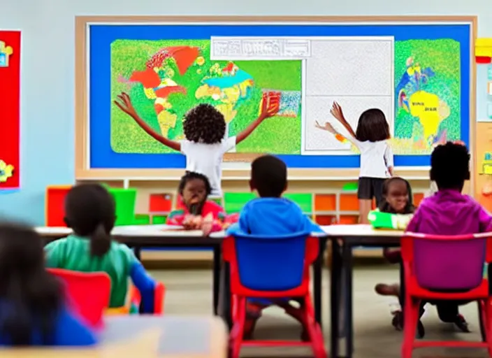 Prompt: children in a classroom learning while parents are outside the windows screaming for them to not listen to the woke propaganda, photo realistic, 8k, detailed,