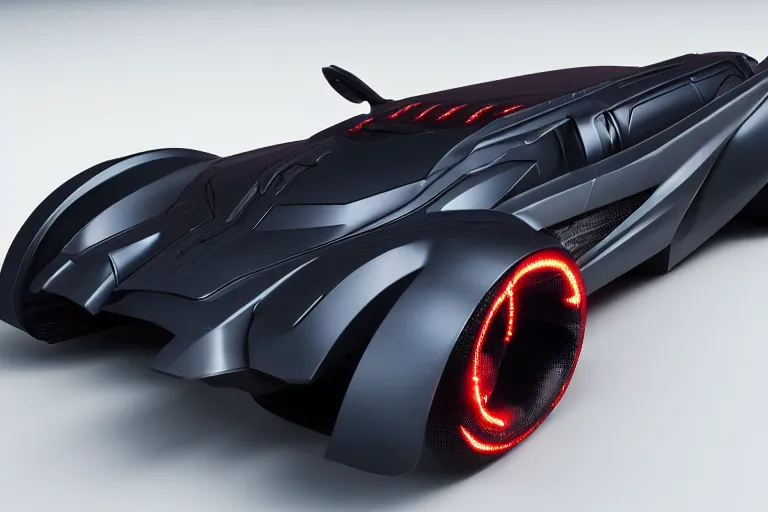 Image similar to cyberpunk batmobile concept inspired sports car, futuristic look, highly detailed body, very expensive, photorealistic camera shot, bright studio setting, studio lighting, crisp quality and light reflections, unreal engine 5 quality render