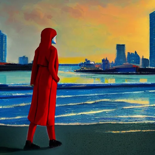 Prompt: lonely young woman with red hair magenta coat and light blue pants wandering a beach at sunset, stylized oil painting, warm lighting, city skyline in background, swimming pool in foreground