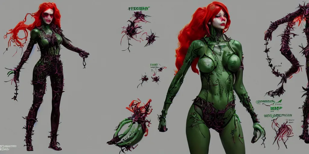 Image similar to cyberpunk poison ivy, character sheet, concept design, contrast, hot toys, kim jung gi, greg rutkowski, zabrocki, karlkka, jayison devadas, trending on artstation, 8 k, ultra wide angle, pincushion lens effect