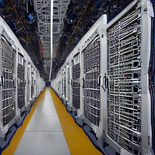 Image similar to diverse groups of humans building the insides of supercomputers, from behind, wide angle, elaborate, highly detailed, beautiful lighting