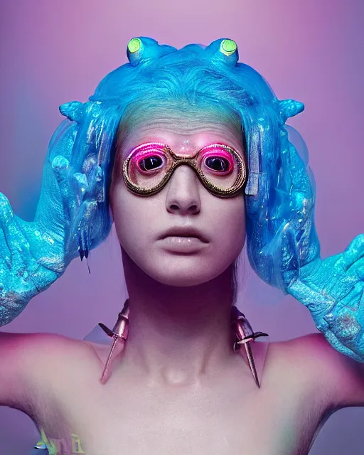 Image similar to natural light, soft focus portrait of a cyberpunk anthropomorphic turtle with soft synthetic pink skin, blue bioluminescent plastics, smooth shiny metal, elaborate ornate head piece, piercings, skin textures, by annie leibovitz, paul lehr