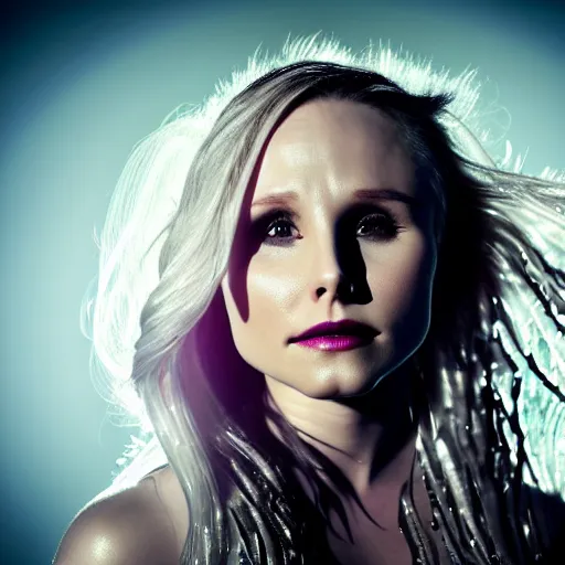 Image similar to Kristen Bell as a mermaid, grungy, unkept hair, glowing eyes, modelsociety, wet from rain, radiant skin, huge anime eyes, bright on black, dramatic, studio lighting, perfect face, intricate, Sony a7R IV, symmetric balance, polarizing filter, Photolab, Lightroom, 4K, Dolby Vision, Photography Award