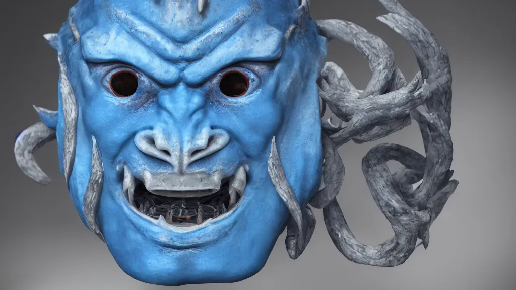Image similar to a photorealistic dramatic hyperrealistic blue japanese oni mask, ultra realistic details, cinematic atmosphere, global illumination, shadows, octane render, 8 k