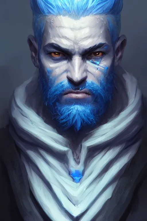 Image similar to portrait of a blue skin genasi with a square jaw from d & d by greg rutkowski, dreadlocks and small beard, tempest priest, runic rings, d & d character, blue, black background, highly detailed portrait, digital painting, artstation, concept art, smooth, sharp foccus ilustration, artstation hq