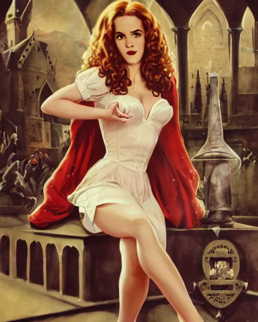 Image similar to pinup photo of hermione granger by emma watson in the crowded square of hogwarts, gil elvgren, enoch bolles, edward robert hughes, henry justice ford, glossy skin, pearlescent, very coherent, very detailed