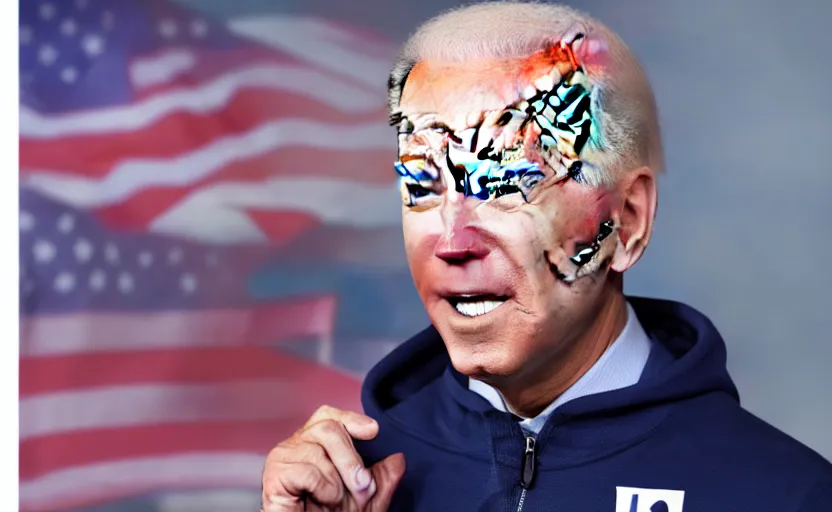 Prompt: a photo of joe biden using a bts k - pop hoodie, ultra detailed, studio photography