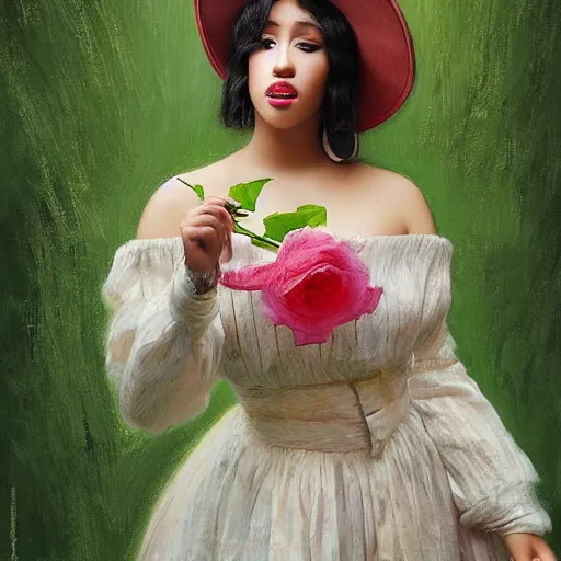 Image similar to happy very thick paint brush strokes paint texture full body fashion model cardi b by Jeremy Lipking by Hasui Kawase by Richard Schmid (((smokey eyes makeup eye shadow fantasy, glow, shimmer as victorian woman in a long white frilly lace dress and a large white hat having tea in a sunroom filled with flowers, roses and lush fern flowers ,intricate, night, highly detailed, dramatic lighting))) , high quality