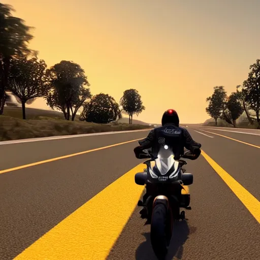 Image similar to a photo of jair messias bolsonaro driving a motorcycle in direction of a sunset, unreal engine 5, 4 k