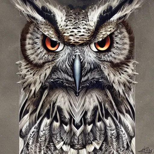 Image similar to a eagle owl painting by Android Jones and M. C. Escher collaboration